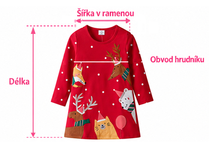 dětské zimní vánoční šaty se zvířátky červené s dlouhým rukávem bavlněné Tvujdesign