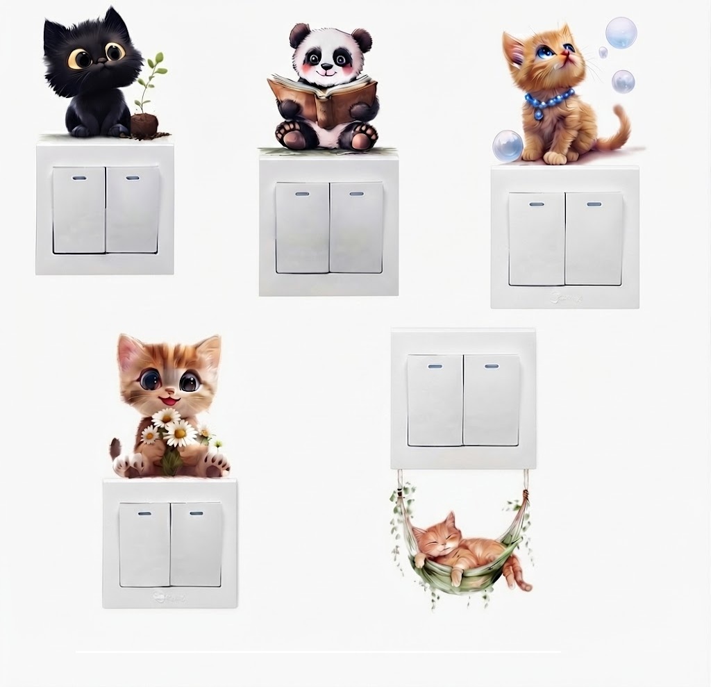 Dětské samolepky na zeď – kočičky a panda, nad vypínač, 5 ks