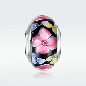 Korálek KATY skleněný Modrá a růžový květ - TOPBEADS