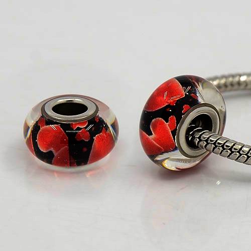 Korálek 34 ANY černý s červenými srdíčky skleněný - TOPBEADS