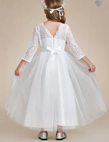 Dívčí slavnostní šaty bílé s krajkou - Eliška družička (3/4 rukáv)