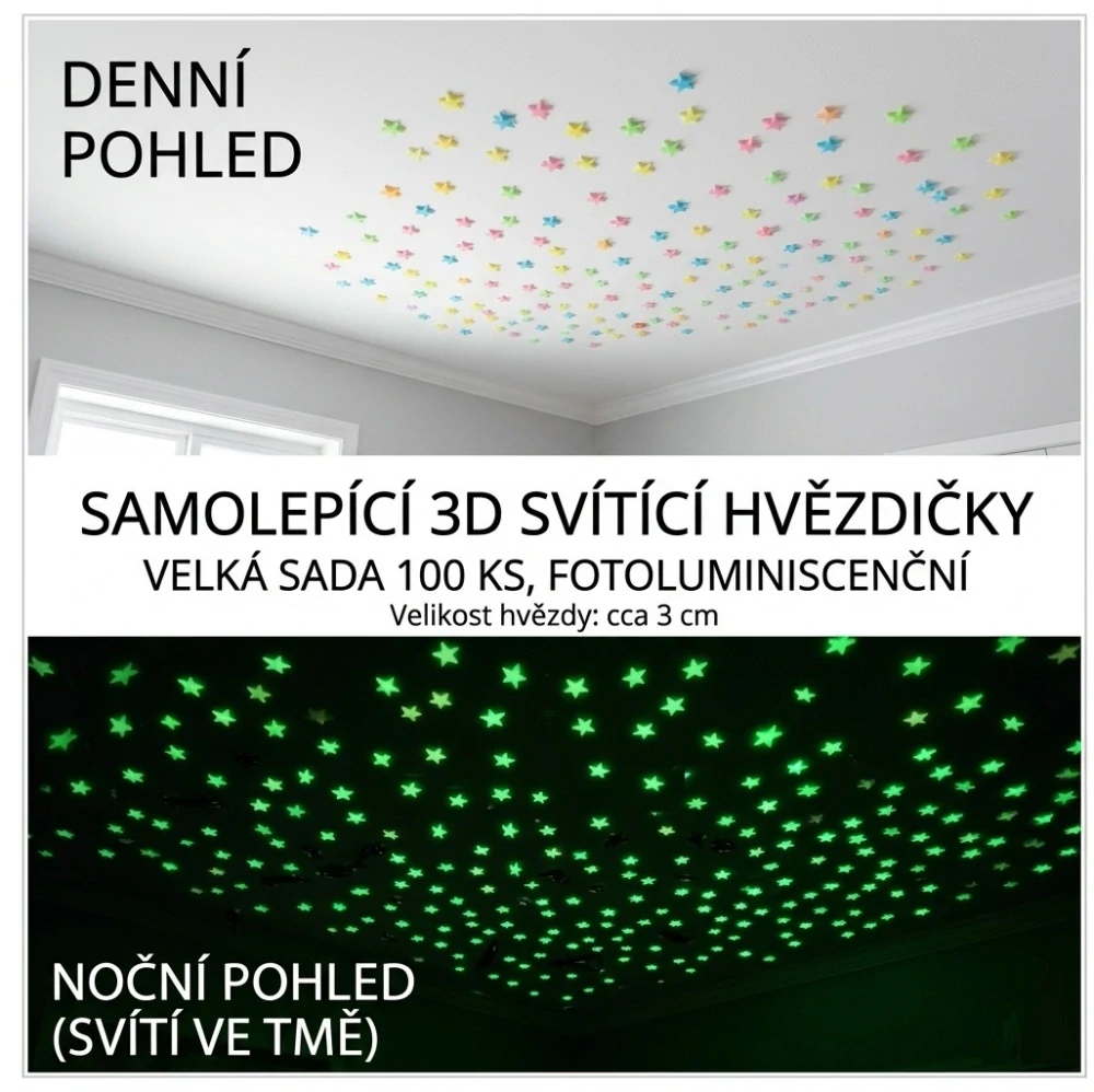Samolepící svítící hvězdičky na zeď a strop 3D (100 ks) fotoluminiscenční