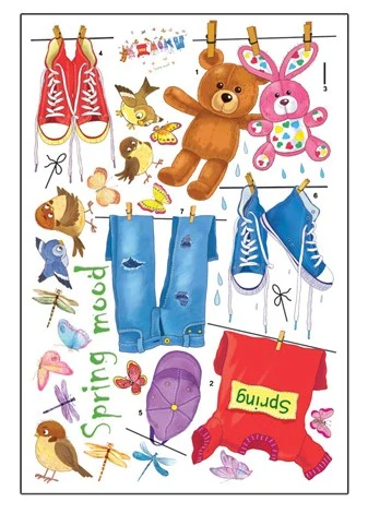 Samolepky na zeď - Prádelní šňůra s plyšáky a ptáčky (140x100 cm)