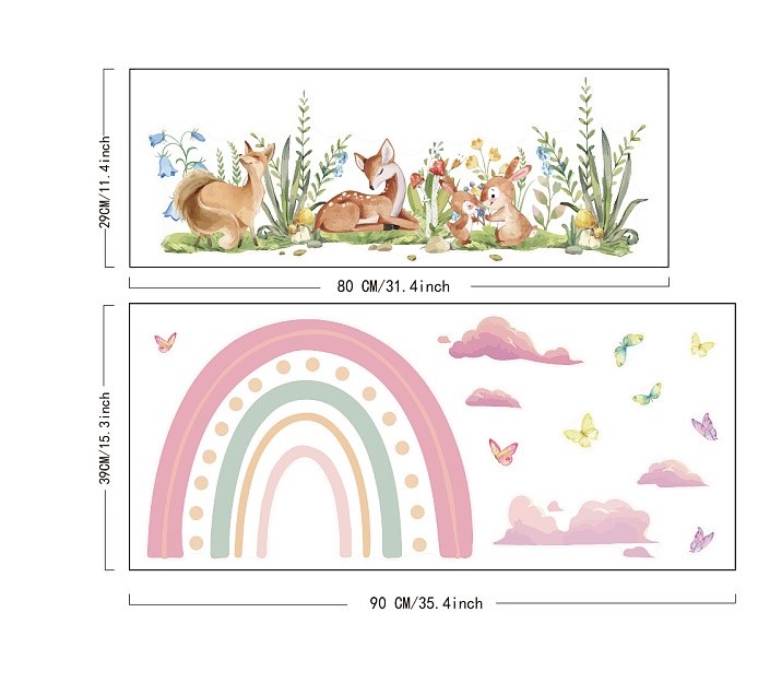 Samolepky na zeď dětské - Duha a louka se zvířátky (80x45 cm)