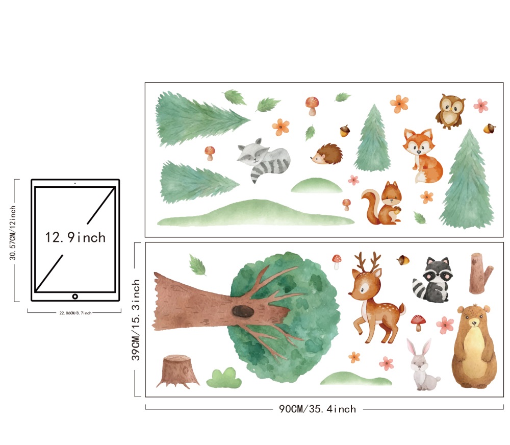 Dětské samolepky na zeď – Les a zvířátka (akvarelový design)