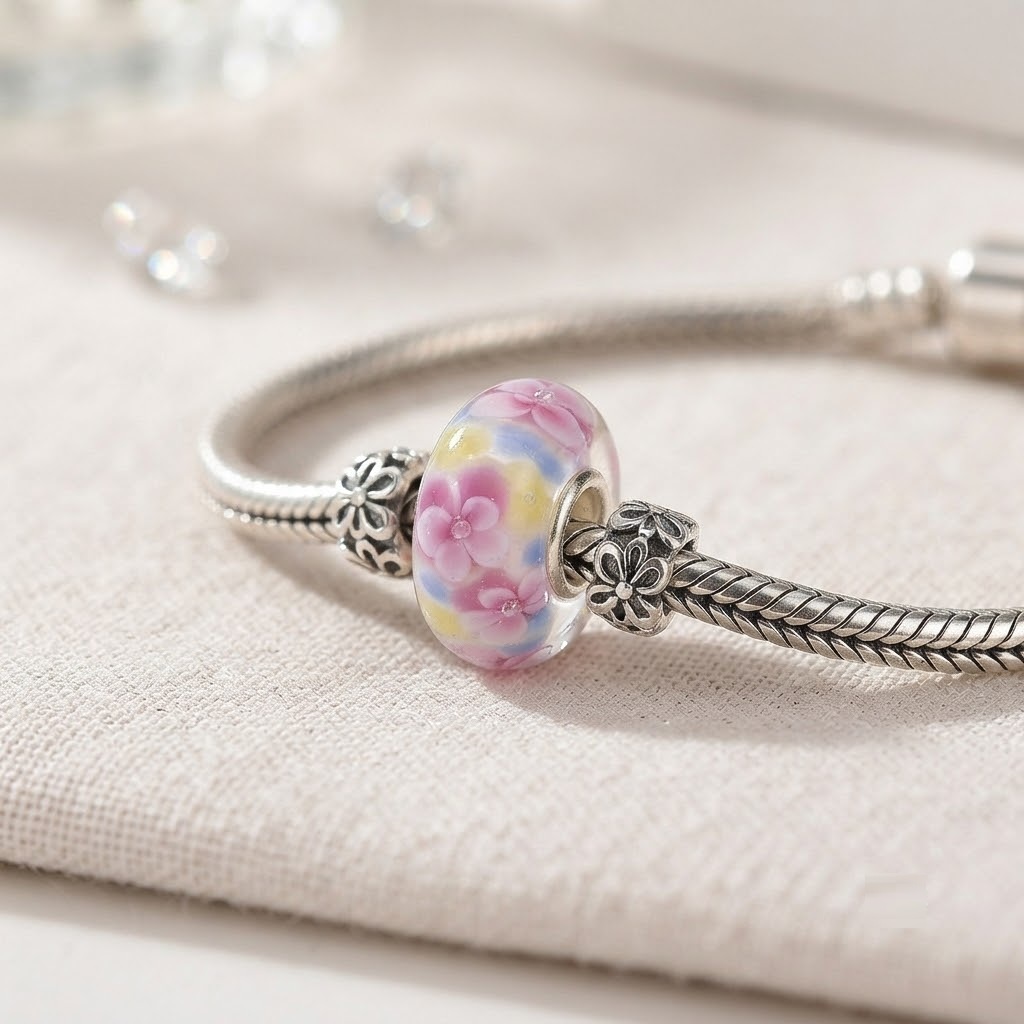 Skleněný korálek na náramek s velkým průvlekem – Katy Květinky TOPBEADS