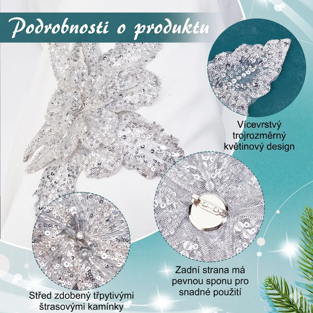 Velká luxusní látková brož - Květ se stříbrnými flitry (31 cm)