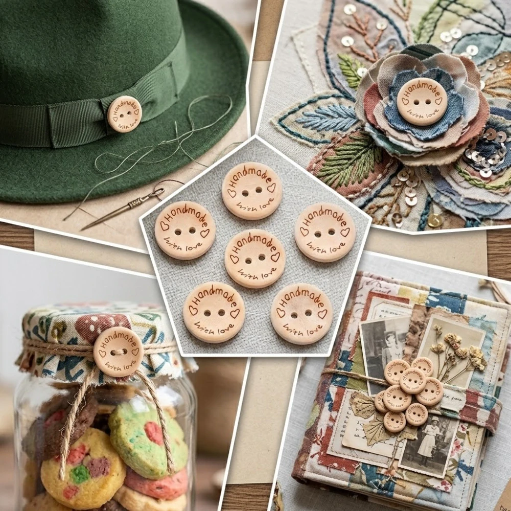 Dřevěné knoflíky „Handmade with love“ dekorativní – 6 ks, 20 mm, dvoudírkové