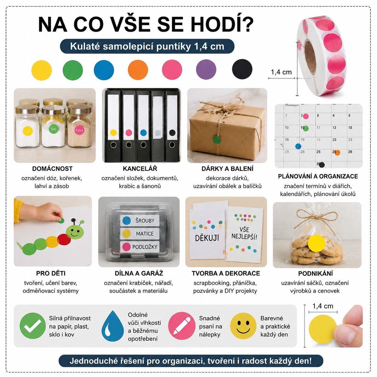 Samolepící barevná kolečka – puntíky 1,3 cm, sada 10 rolí (10 000 ks)