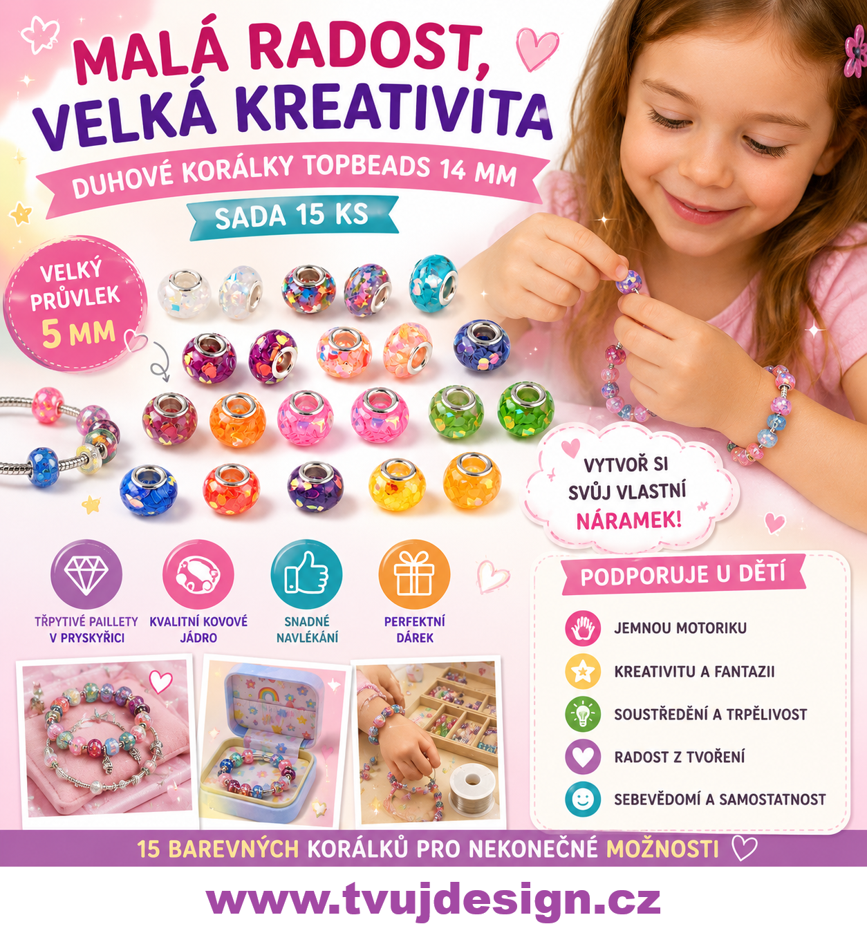 Duhové pryskyřičné korálky s velkým průvlekem – sada 15 ks (TOPBEADS)