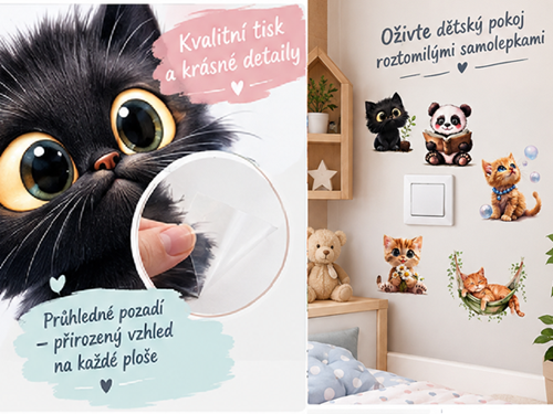 Dětské samolepky na zeď – kočičky a panda, 5 ks sada