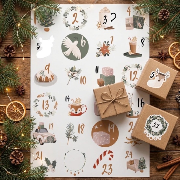 Vánoční samolepky na adventní kalendář - arch s čísly 1–24