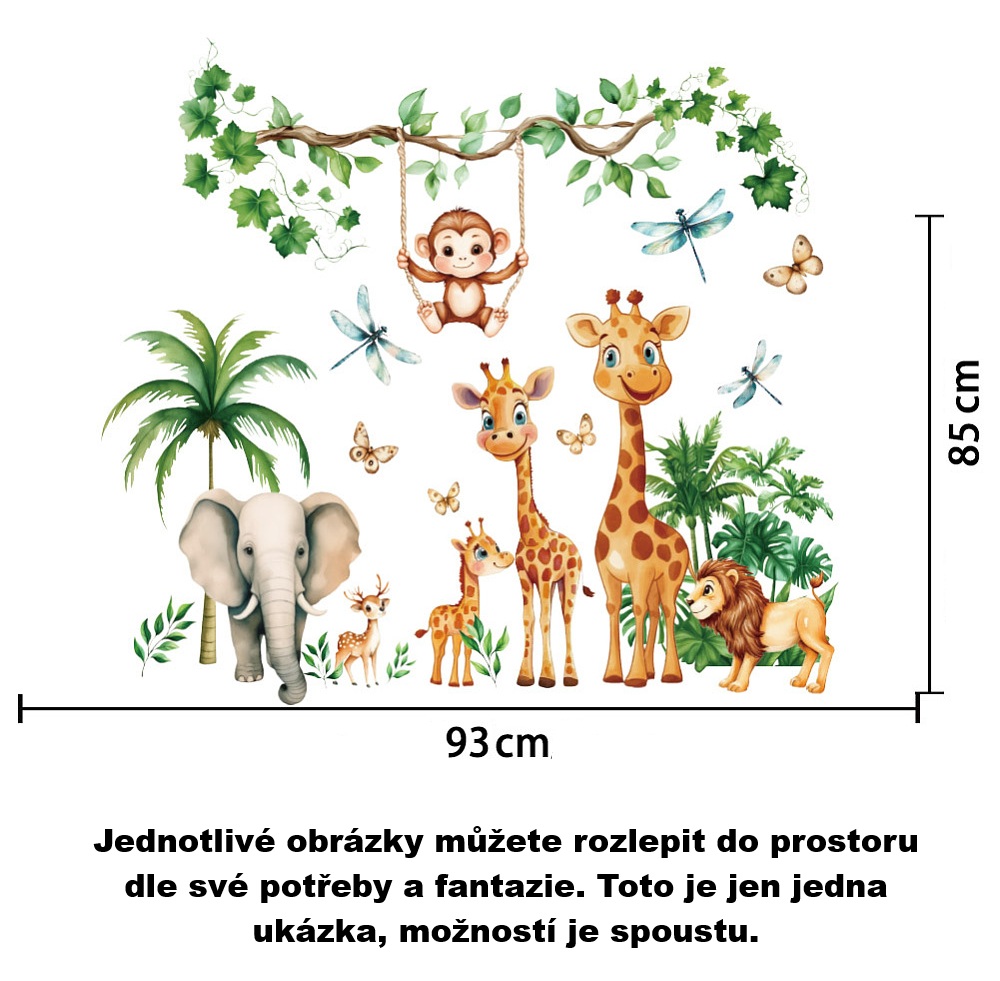 Dětské samolepky na zeď – Zvířátka v džungli (opička, slon, žirafy)