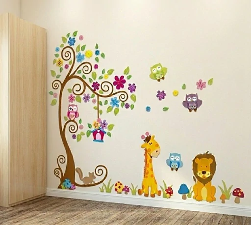 Samolepky na zeď - Strom se zvířátky, ptáčky a sovičkami (180x150 cm) XXL velkoformátová dětská samolepka