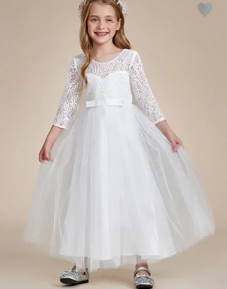Dívčí slavnostní šaty bílé s krajkou - Eliška družička (3/4 rukáv)