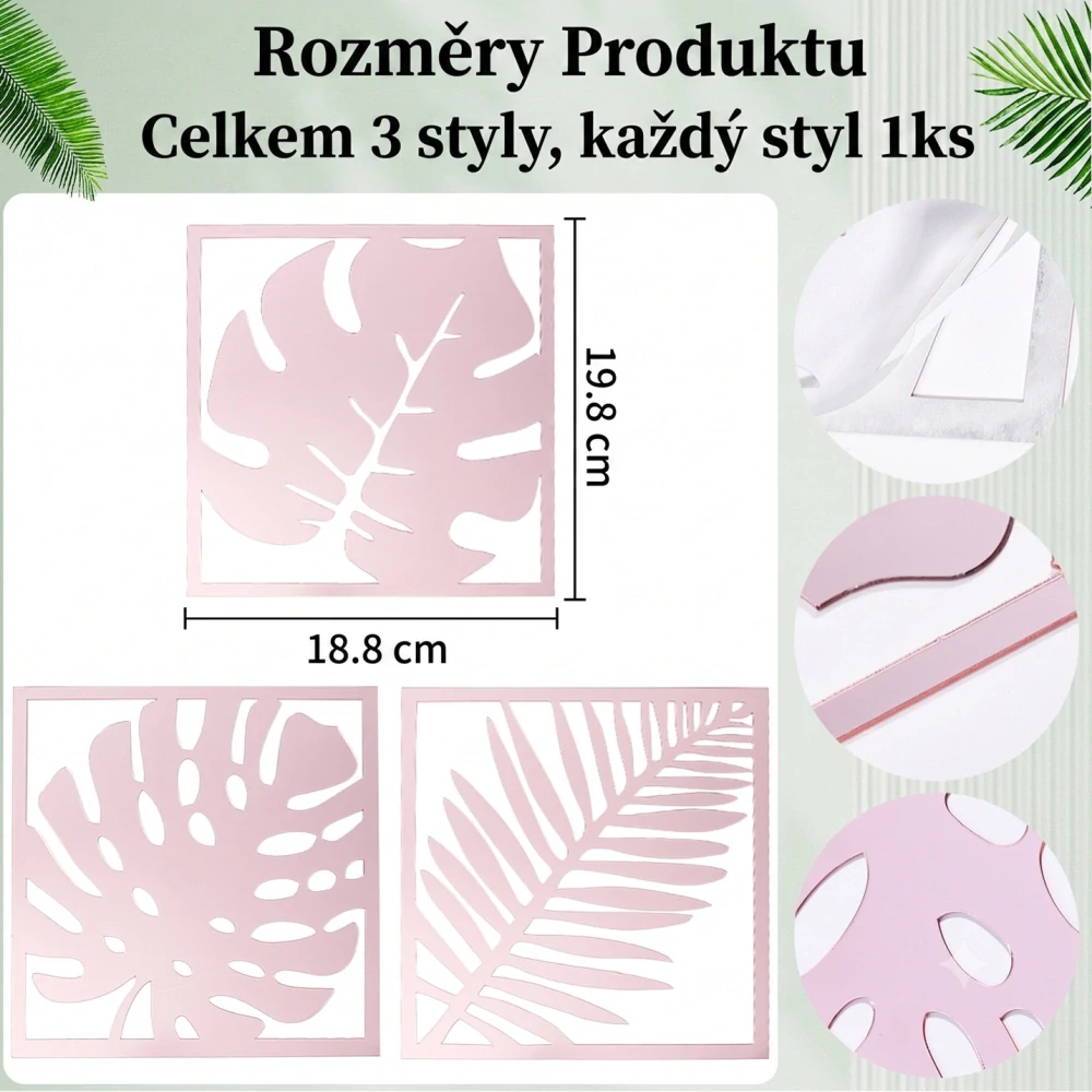 Samolepky na zeď zrcadlové dekorace – Růžová, sada 3 ks (198x188 mm)