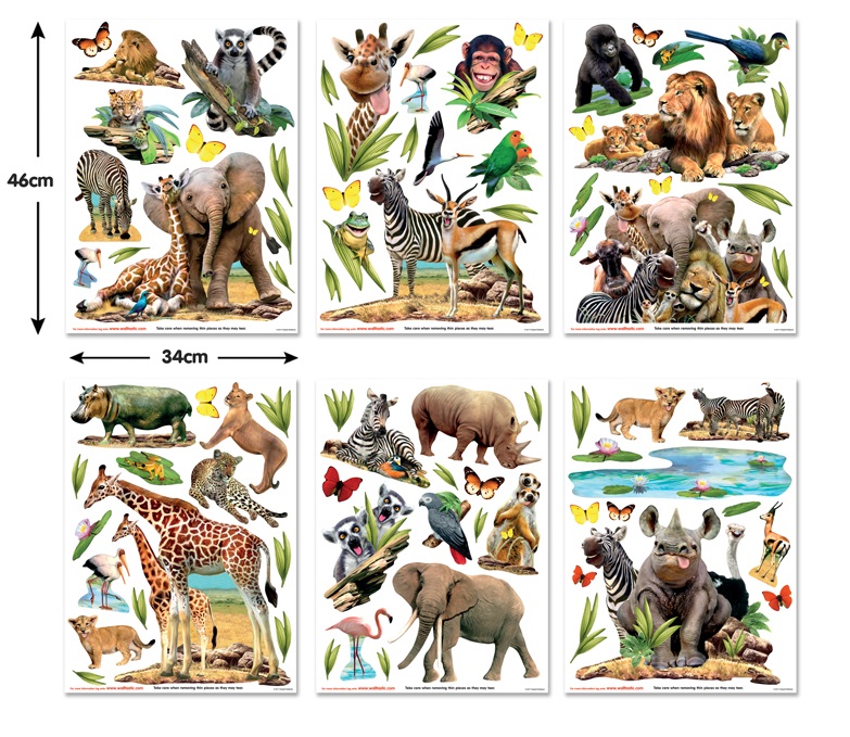 Samolepky na zeď - SAFARI zvířátka (sada 6 archů)