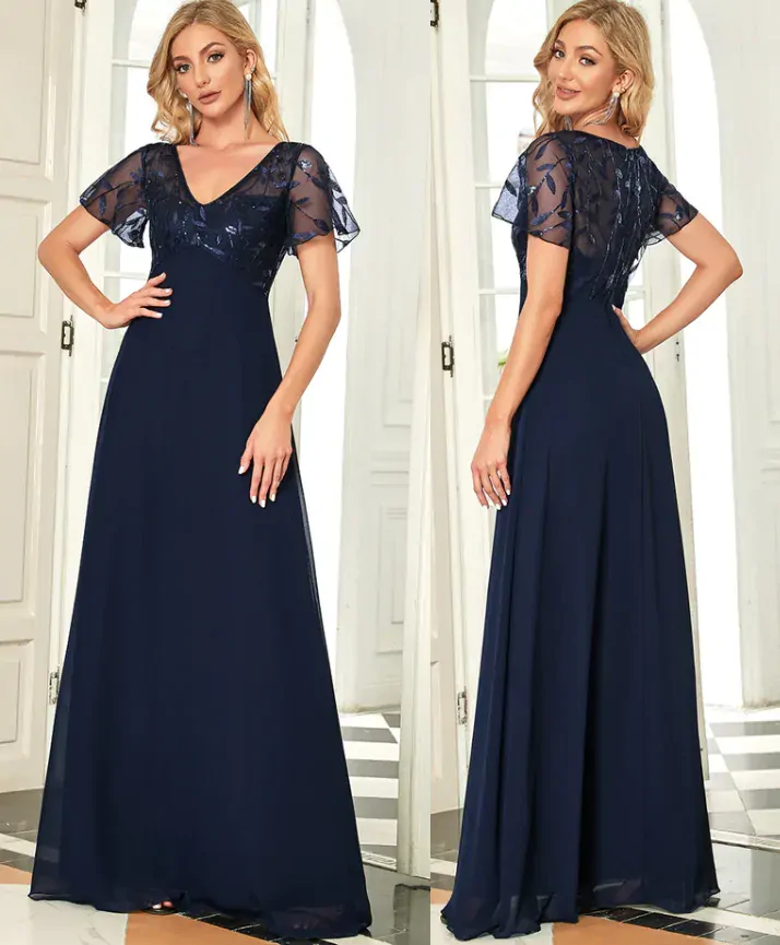 Šaty slavnostní dámské a dívčí teens EP modré tmavé lístky dlouhé plesové svatební šaty 06