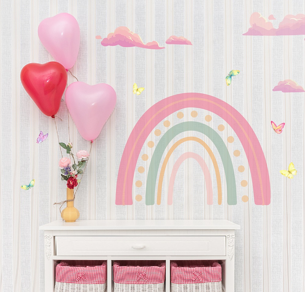 Samolepky na zeď dětské - Duha a louka se zvířátky (80x45 cm)