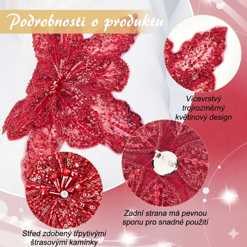 Luxusní obří brož na šaty – červený 3D květ s flitry (31 cm)