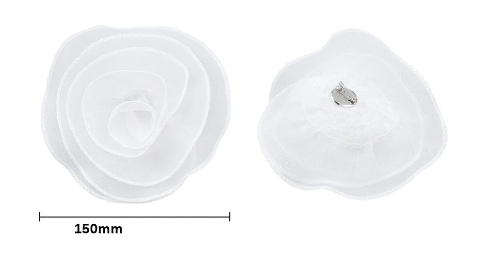 Elegantní bílá organzová brož - Květ růže (15 cm)