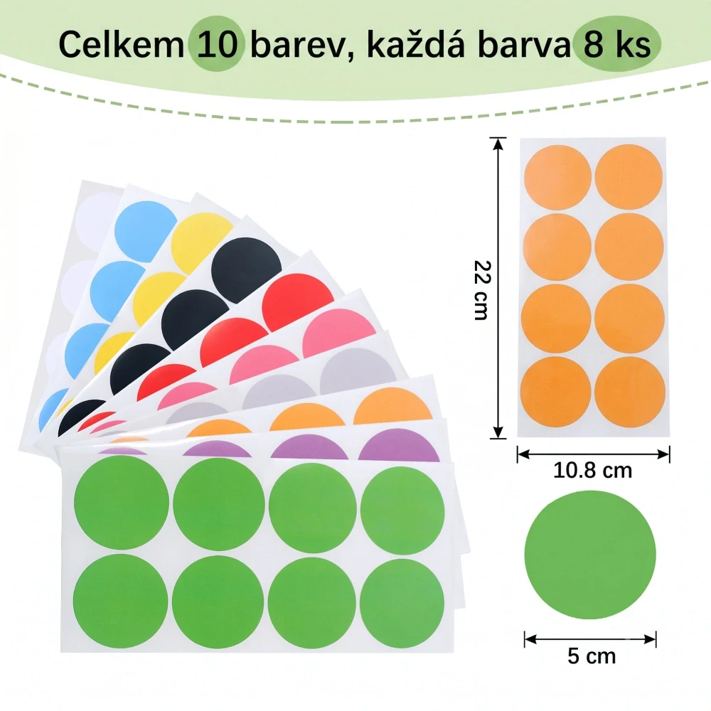 Samolepící barevné puntíky - 80 ks (10 barev, průměr 5 cm)