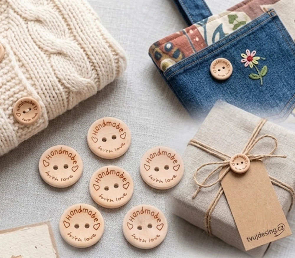 Dřevěné knoflíky „Handmade with love“ dekorativní – 6 ks, 20 mm, dvoudírkové