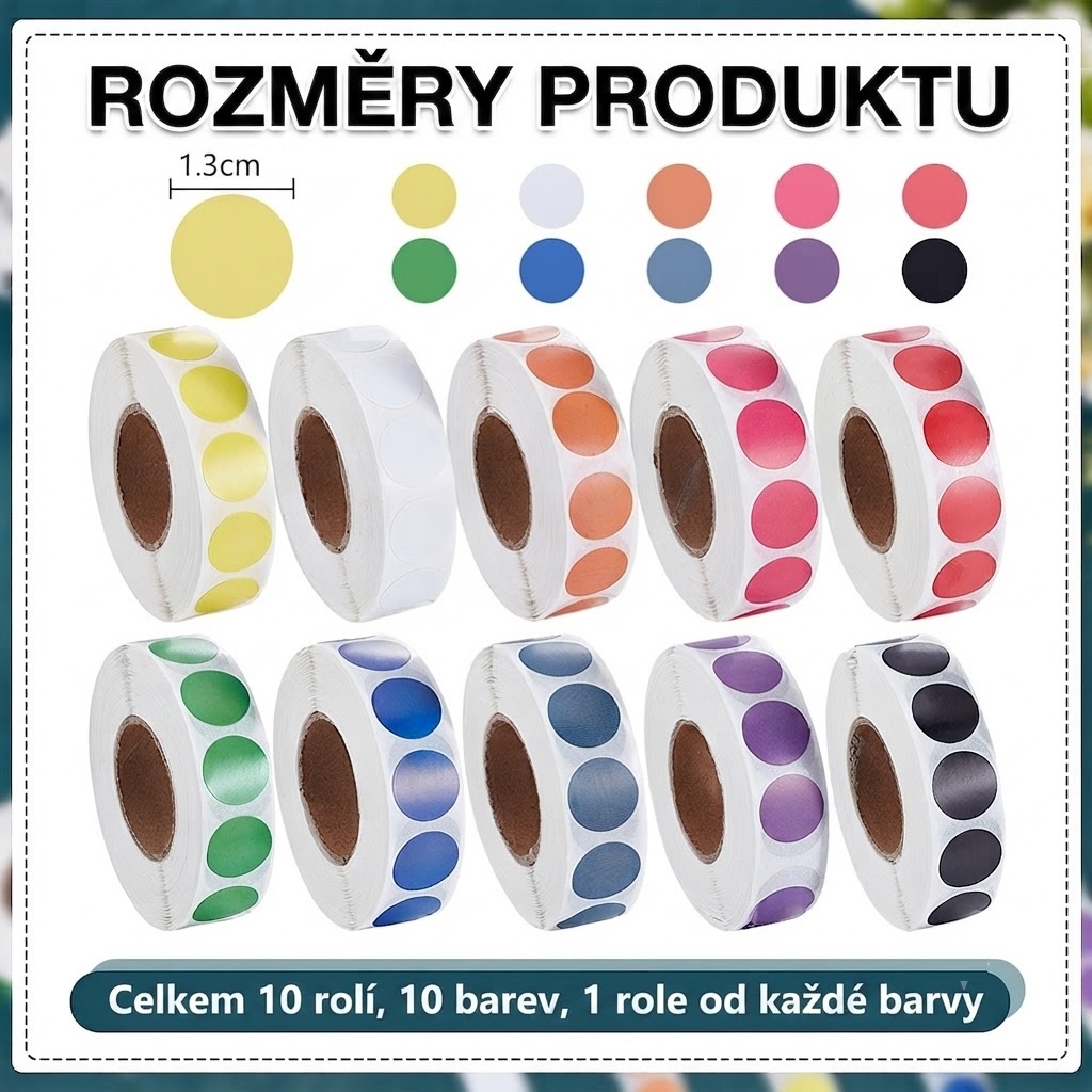 Samolepící barevná kolečka – puntíky 1,3 cm, sada 10 rolí (10 000 ks)