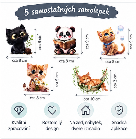 Dětské samolepky na zeď – kočičky a panda, 5 ks sada