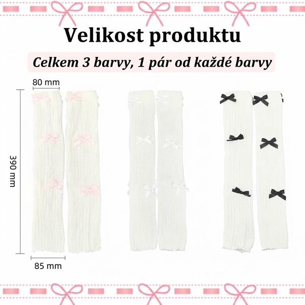 Dívčí pletené návleky na nohy s mašličkami - set 3 páry (růžová + bílá + černá)
