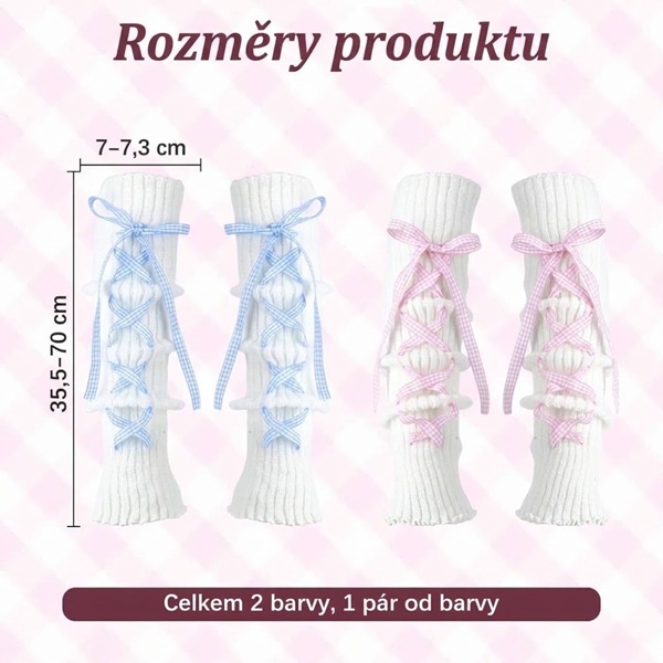 Dívčí pletené návleky na nohy se stuhou a mašlí – set 2 páry (modrá + růžová)