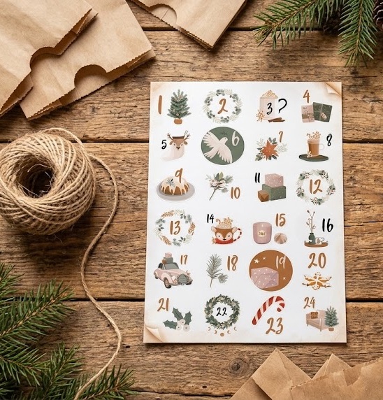 Vánoční samolepky na adventní kalendář - arch s čísly 1–24