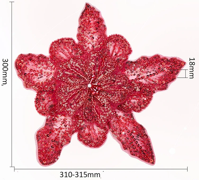 Luxusní obří brož na šaty – červený 3D květ s flitry (31 cm)