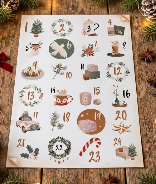 Vánoční samolepky na adventní kalendář - arch s čísly 1–24