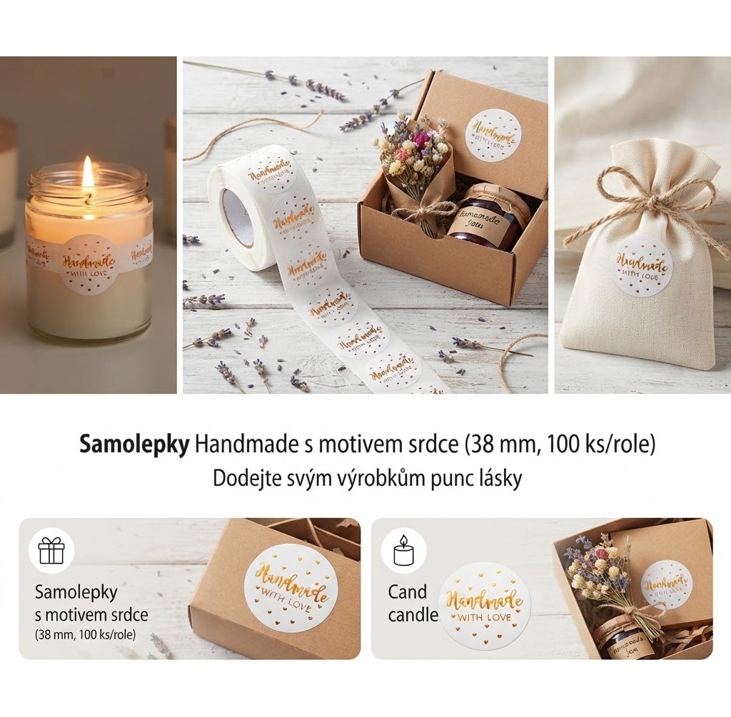 Samolepky Handmade with Love na dárky a balení – 100 ks