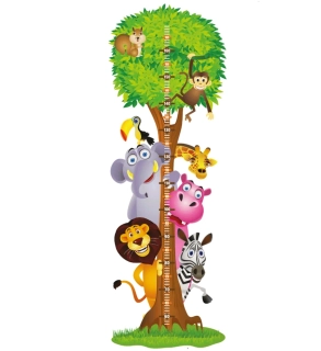 Dětský růstový metr na zeď – Strom a veselá zvířátka v džungli