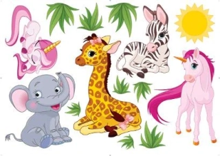 Dětské samolepky na zeď - Zvířátka mláďátka a jednorožci