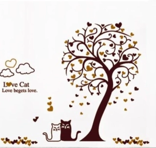 Dětské samolepky na zeď - Strom lásky se srdíčky a kočičkami (arch 60x90)
