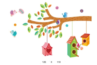 Samolepky na zdi dětské - Ptačí budky, větev s ptáčky
