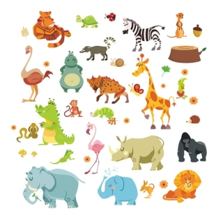 Velká sada samolepek na zeď - 26 veselých zvířátek ze Zoo a Safari