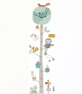 Dětský růstový metr na zeď – Akvarelový strom se sovou a veverkami