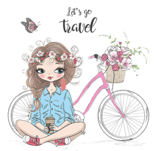 Samolepky na zeď - Dívka a cestování s kolem