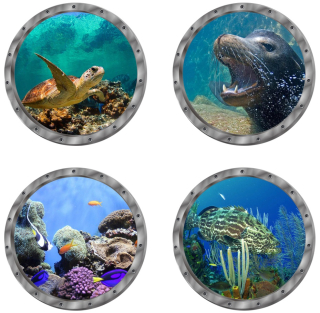 Samolepky na zeď dětské 3D akvárium, mořský svět (4 okna z ponorky)