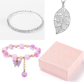 Dárková sada ELA v krabičce náramek štras, náramek korálkový, přívěsek lístek