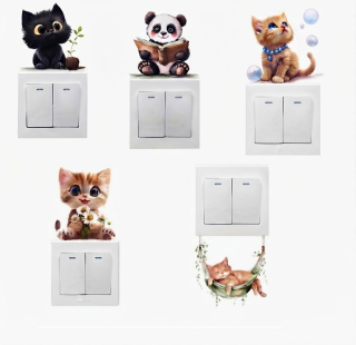 Dětské samolepky na zeď – kočičky a panda, nad vypínač, 5 ks